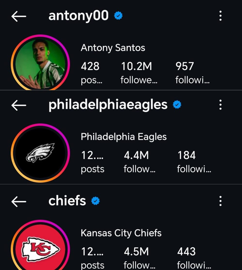 FOLLOWY na koncie Antony'ego vs. FOLLOWY na kontach uczestników Super Bowl xD